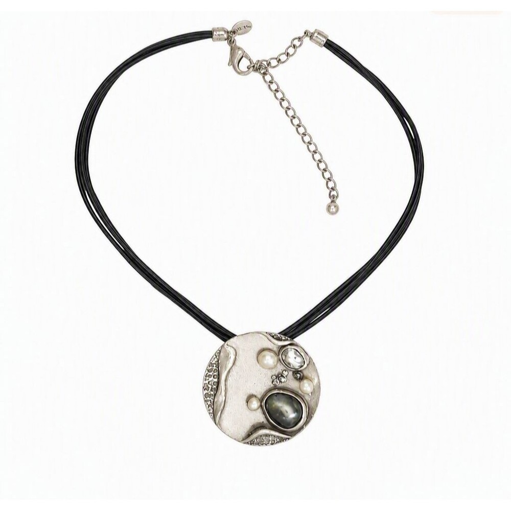 5 Stranded Silver Tone Metal Faux Black Leather Rhinestone 15" - 19" Necklace